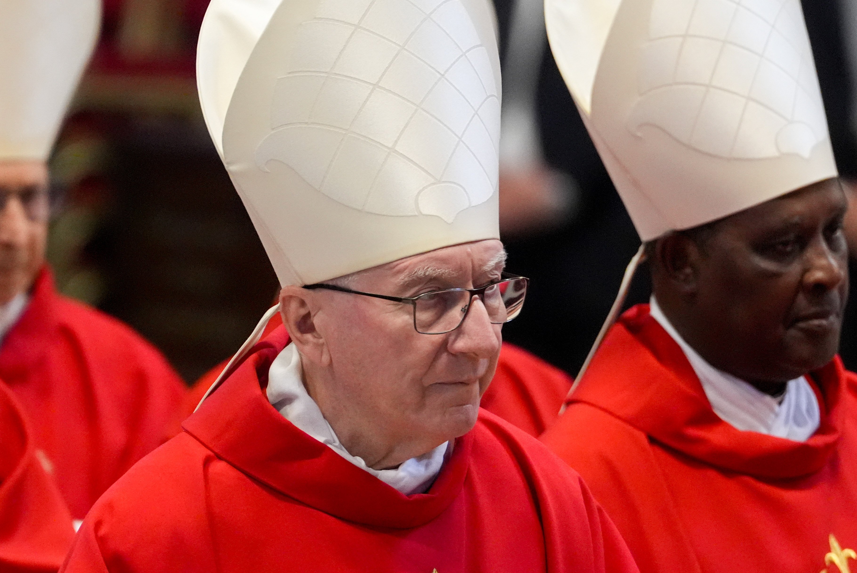 Cardinal Pietro Parolin, Vatican secretary of state, processes into St. Peter's Basilica at the beginning of Mass on the seventh day of the "novendiali," nine days of mourning for Pope Francis, at the Vatican May 2, 2025. (CNS photo/Lola Gomez)