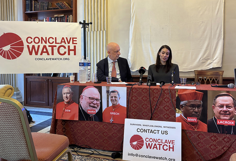Sarah Pearson, right, and Peter Isely lead a press conference by the Survivors Network of those Abused by Priests, in Rome, on April 30, 2025. (RNS/Aleja Hertzler-McCain)