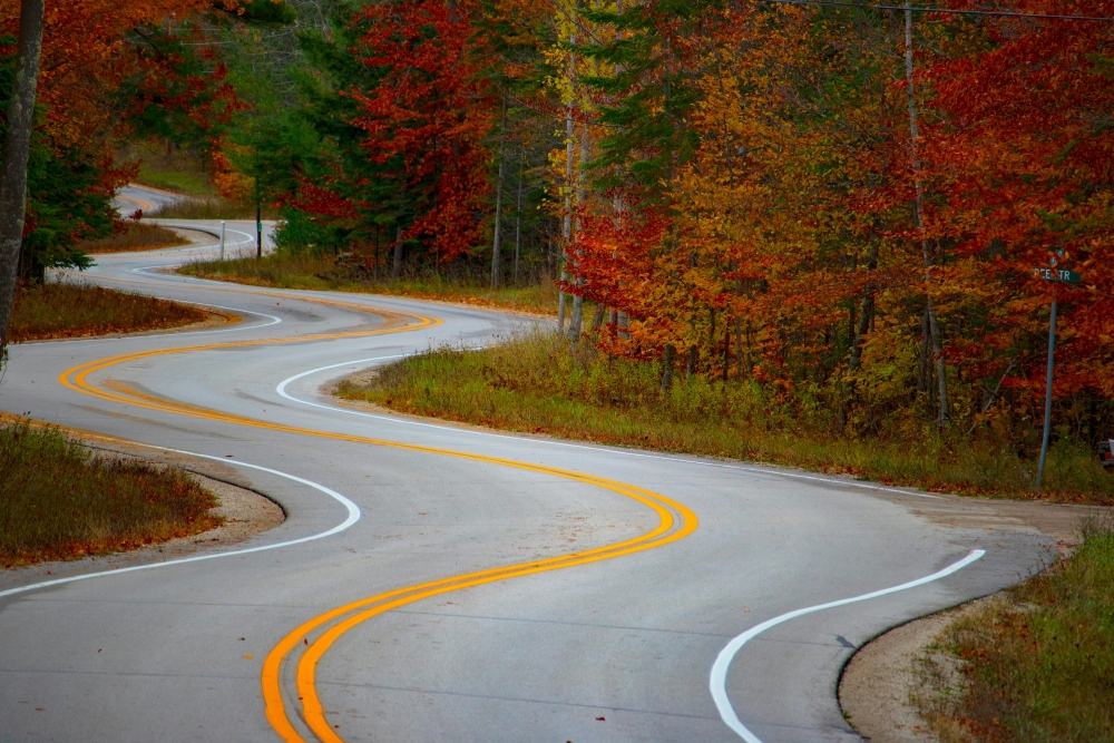 Winding road in autumn A paved winding splits a forest in which the leaves are changing colors