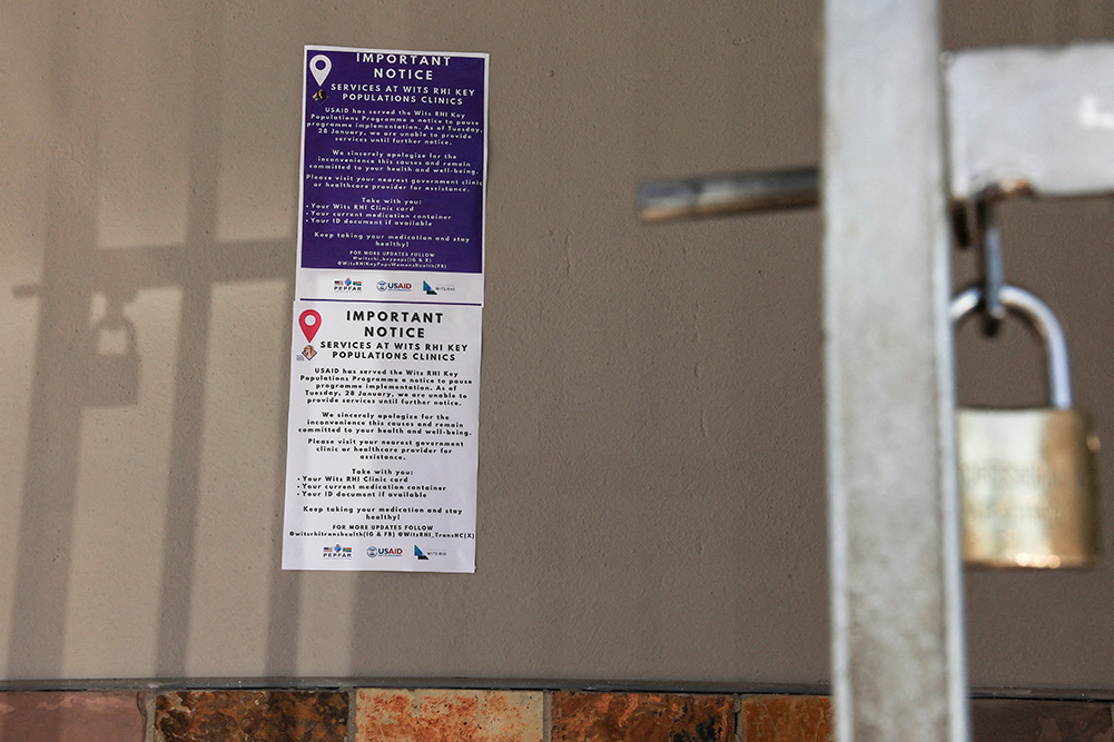 A notice outside a clinic Jan. 28, 2025, states that Wits RHI Key Population Program in Cape Town, South Africa, is unable to provide services until further notice following a USAID notification to pause the program. (OSV News/Reuters/Esa Alexander)