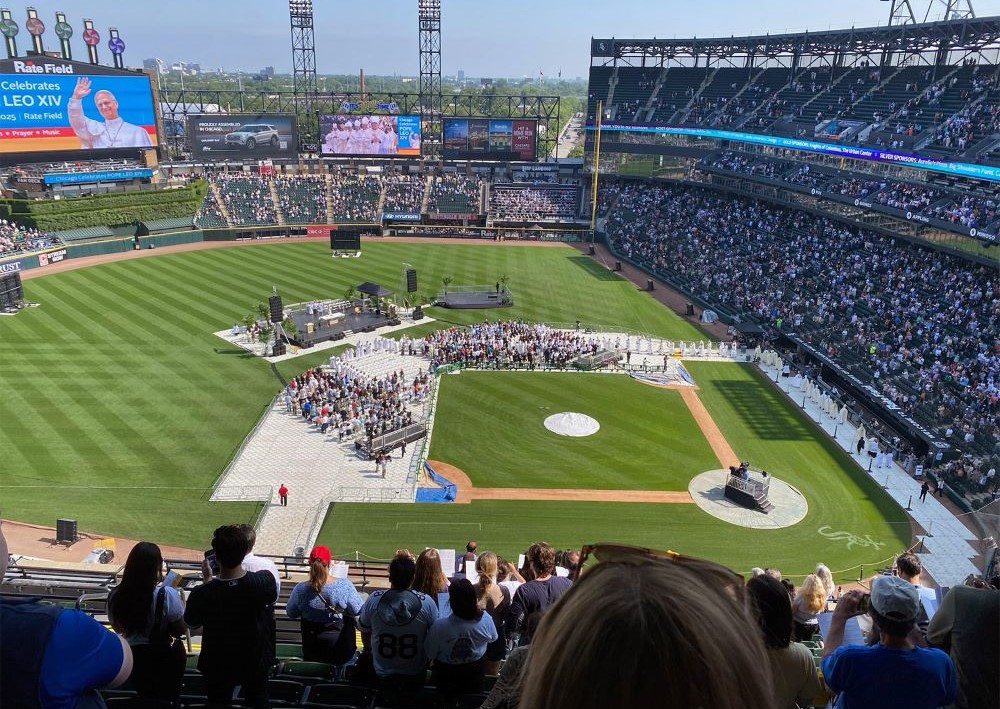 Thousands of people attend a Mass celebrating Pope Leo XIV at Rate Field, home of the Chicago White Sox, June 14 in Chicago. 