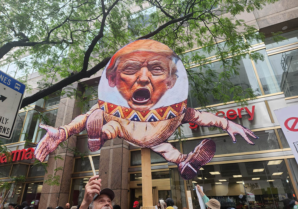 A comical depiction of President Donald Trump as Humpty Dumpty is seen during the June 14 "No Kings" demonstration in Midtown Manhattan, N.Y. (GSR photo/Chris Herlinger)