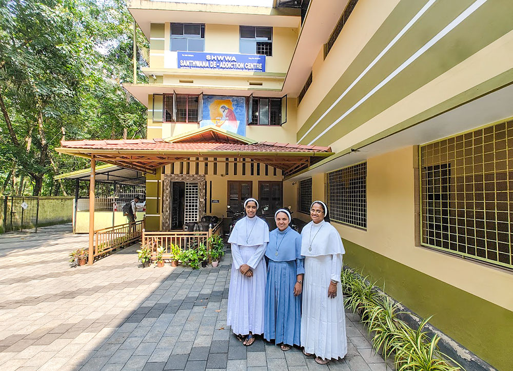 Sacred Heart sisters in front of the Santhwana De-addiction Centre at Kattippara in Kozhikode, Kerala, southwestern India. From left: Srs. Ann Tresa, Vimala Jose and Deepthi Maria. (George Kommattam)