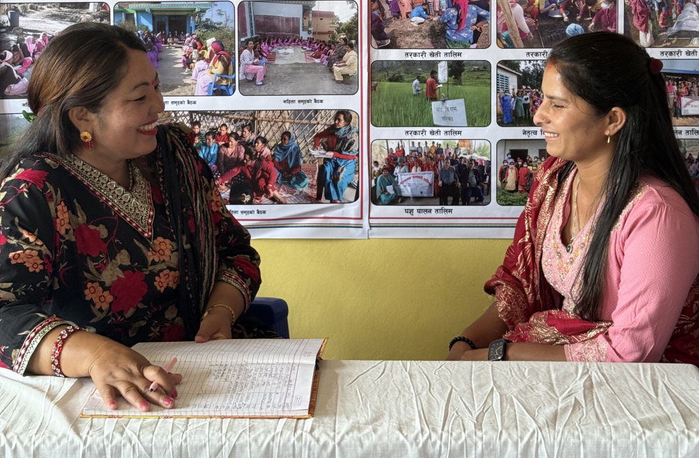 Jarmaya Thapa, left, a human rights officer with Navjyoti Centre in Surkhet, Nepal, sits with Jamuna Rokaya, a domestic violence survivor rebuilding her life. (Pragati Shahi) Jarmaya Thapa, left, a human rights officer with Navjyoti Centre in Surkhet, Nepal, sits with Jamuna Rokaya, a domestic violence survivor rebuilding her life. (Pragati Shahi)