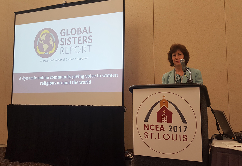 Gail DeGeorge is pictured at the National Catholic Education Association conference in April 2017 where she outlined the plans for GSR in the Classroom, a free resource available to teachers featuring the missions and ministries of sisters in different lesson themes. (Courtesy of Gail DeGeorge)