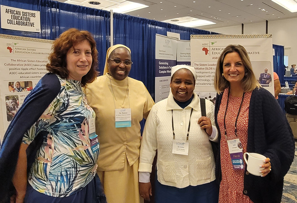 Gail DeGeorge, Sr. Nancy Kamau, a Little Sister of St. Francis of Kenya, Sr. Lina Wanjiku Ndung’u, a Sister of Emmanuel of Muranga Diocese, Kenya, and GSR editor Soli Salgado, at the LCWR Assembly in Orlando in August 2024 (Courtesy of Gail DeGeorge)