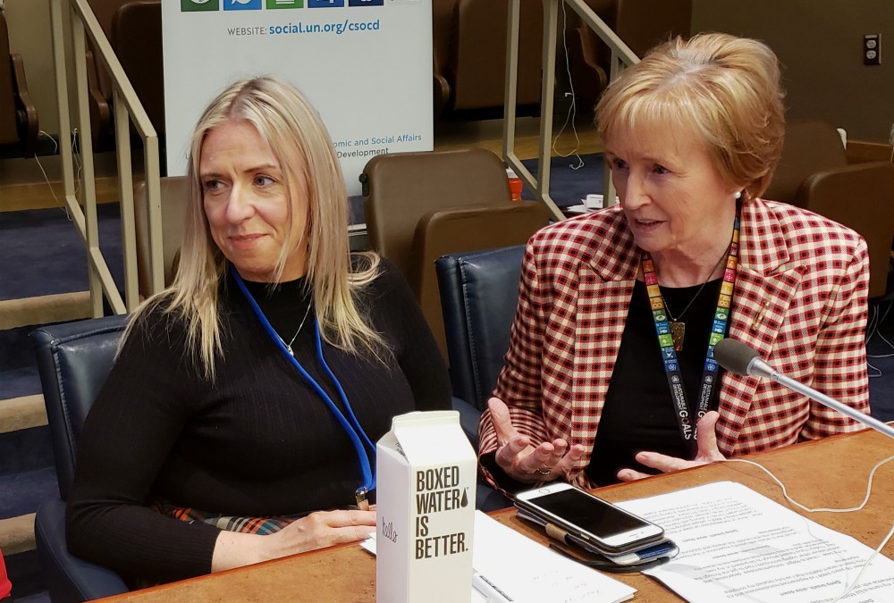 In this 2020 photo, Irish Daughter of Wisdom Sr. Jean Quinn, executive director of UNANIMA, right, and Elizabeth Madden, who is Irish and experienced homelessness more than 20 years ago, during United Nations meetings on homelessness and affordable housing. Throughout her time as UNANIMA director, Quinn said it is important for the U.N. to hear directly from those who experienced homelessness. (GSR photo/Chris Herlinger)