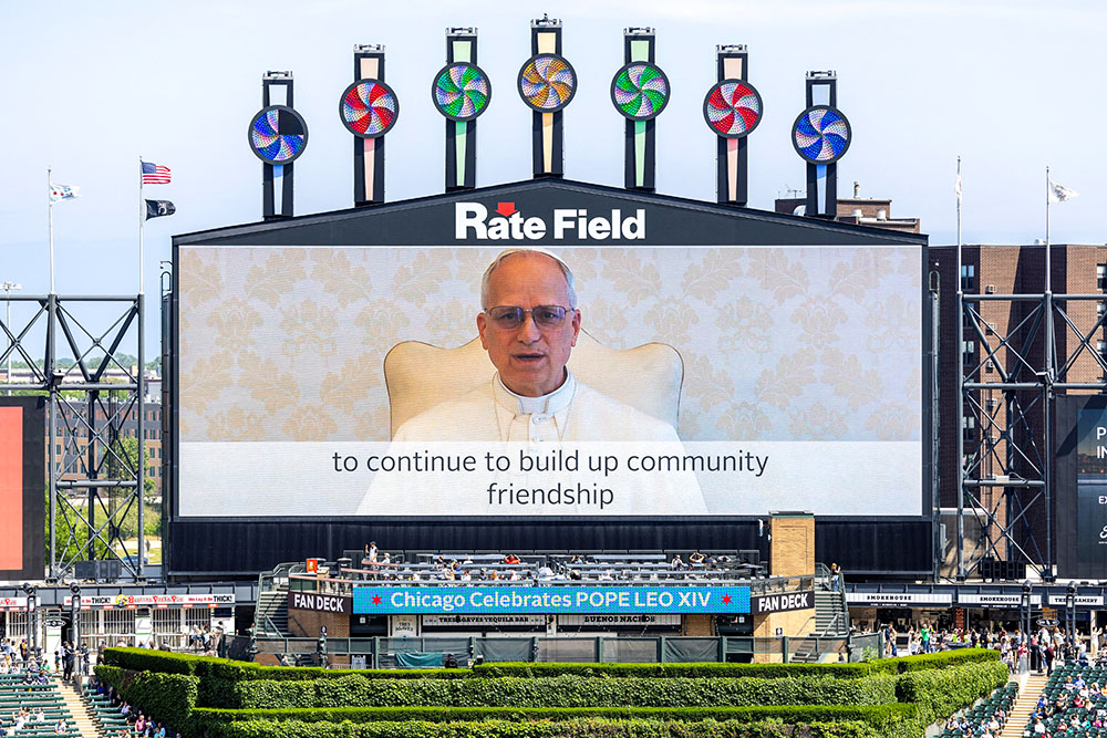 Pope Leo XIV delivers a video message during a public celebration hosted by the Chicago White Sox and the Chicago Archdiocese for the election of the pontiff ahead of a Mass in his honor at Rate Field in Chicago June 14, 2025. (OSV News/Reuters/Carlos Osorio)