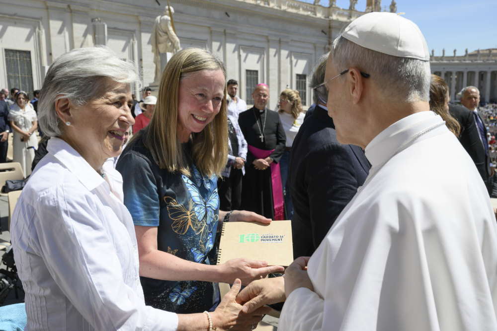 Pope Leo XIV greets María Lía Zervino and Lorna Gold Pope Leo XIV greets María Lía Zervino, a member of the council of the Laudato Si' Movement, and Lorna Gold, executive director, after his weekly general audience in St. Peter's Square at The Vatican May 28, 2025. (OSV News/Simone Risoluti, Vatican Media/Catholic Press Photo)