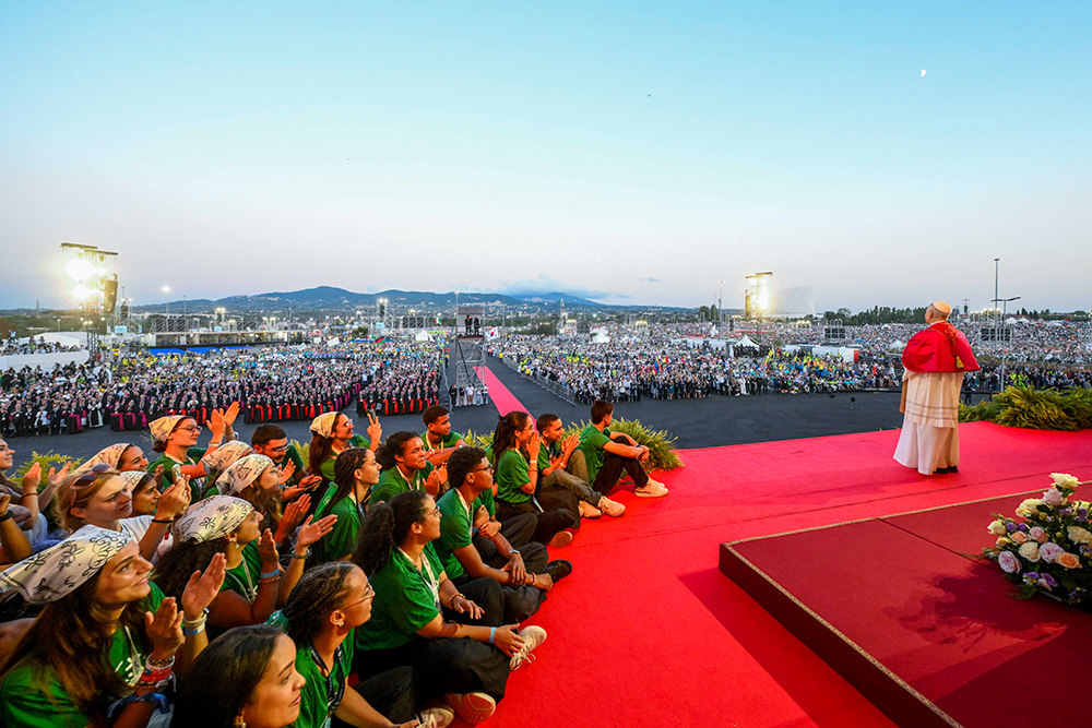 Pope Leo XIV presides over a prayer vigil in Rome's Tor Vergata neighborhood Aug. 2, 2025, with hundreds of thousands of young people gathered for the Jubilee of Youth. (CNS/Vatican Media)