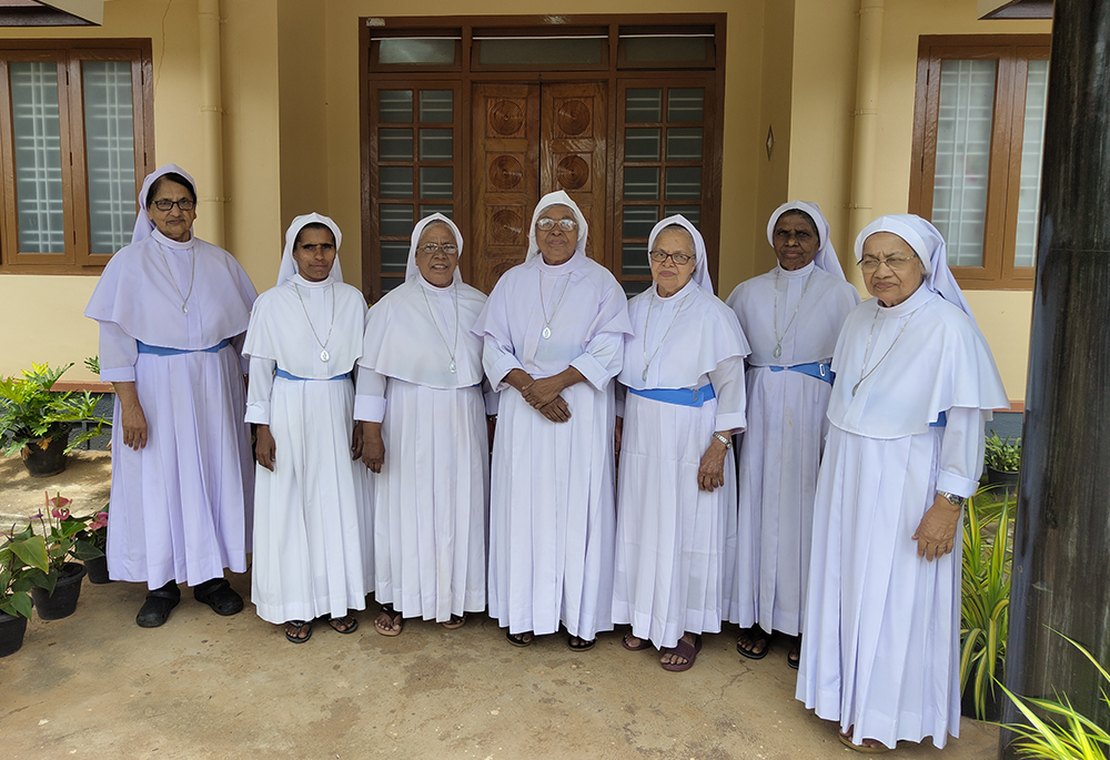 Sr. Innocent Joseph Ayyankanal is pictured with fellow members of the Maryknoll Convent of the Missionary Sisters of Mary Immaculate at Kunnalady, Tamil Nadu, southern India. (From left: Srs. Camilla Joseph, Princy Devasia, Prasanna Joseph, Innocent Joseph Ayyankanal [center], Roselet Varkey, Sinobi Joseph and Jobitta George (George Kommattam)