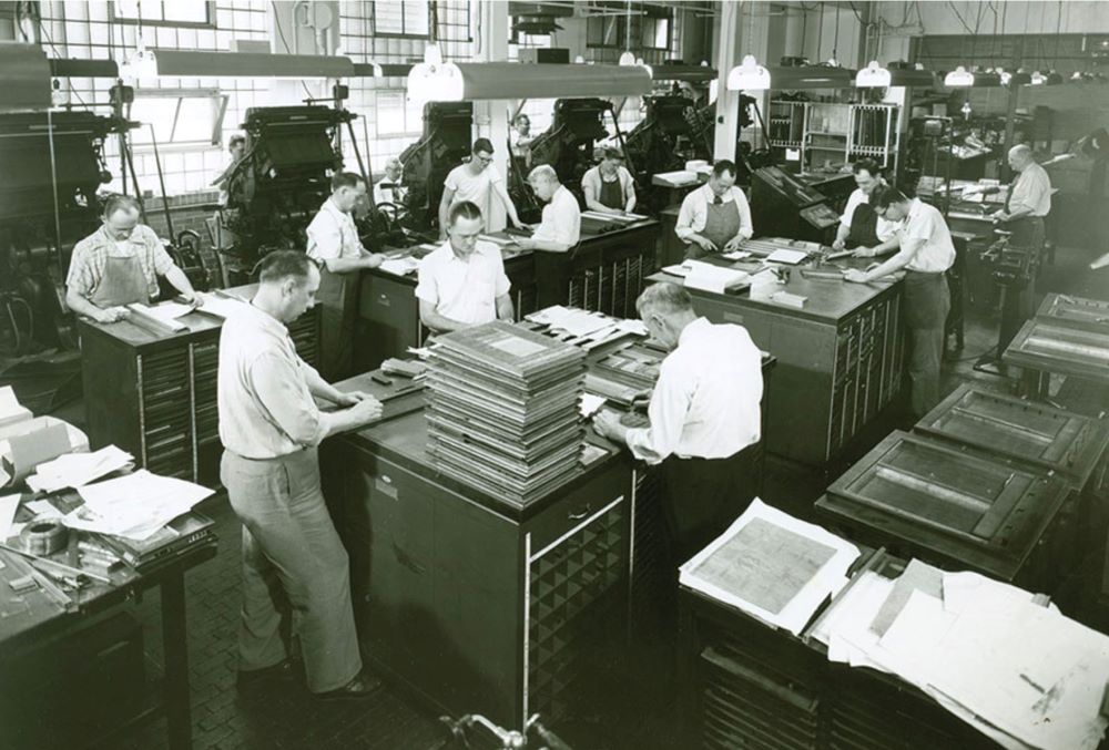 Our Sunday Visitor's composing room, where the weekly paper was put together, in a photo prior to 1961. The publication, which became a magazine in 2024, will publish its final issue in October. (Courtesy Smithsonian National Postal Museum) Our Sunday Visitor's composing room, where the weekly paper was put together, in a photo prior to 1961. The publication, which became a magazine in 2024, will publish its final issue in October. (Courtesy Smithsonian National Postal Museum)