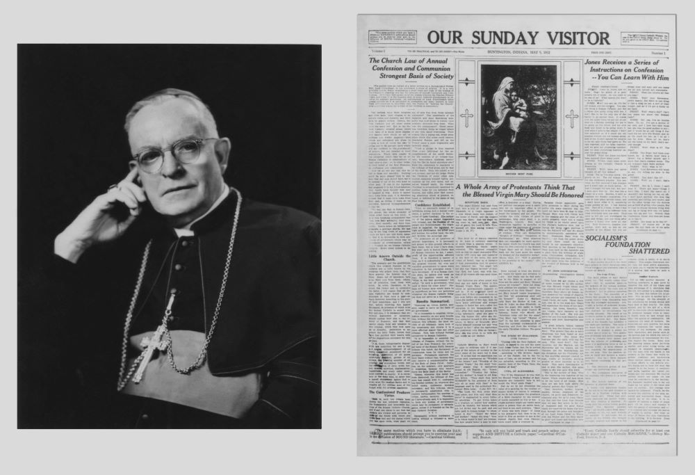 Archbishop John Noll, the founder of Our Sunday Visitor newspaper, is pictured in a combination photo with the first issue of the paper, May 5, 1912. (CNS/OSV) 