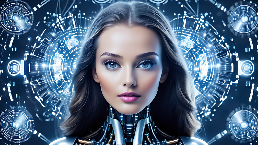 AI-generated image of a human with long hair surrounded by symbols AI-generated image of a human with long hair surrounded by symbols