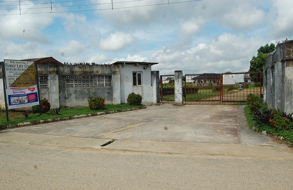 Entrance gate to the Family Life Center where sisters of the Medical Missionaries of Mary provide free obstetric fistula surgeries to indigent populations in Nigeria's southern state of Akwa Ibom. (Valentine Benjamin)