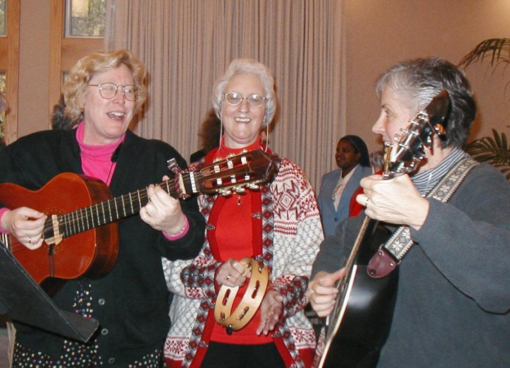 Sr. Patty Boss, Sr. Gene McNally and Sr. Pat Farrell playing music at mass in San Rafael. (Courtesy of Sr. Pat Farrell) Sr. Patty Boss, Sr. Gene McNally and Sr. Pat Farrell playing music at mass in San Rafael. (Courtesy of Sr. Pat Farrell)