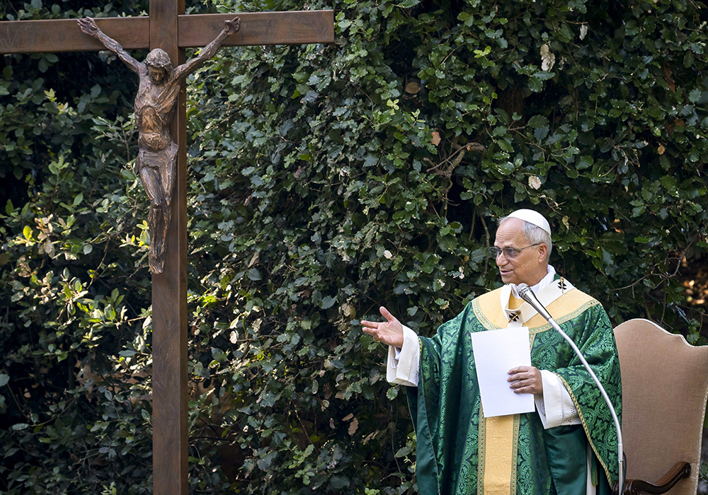 Pope Leo XIV celebrates Mass for the Care of Creation on the grounds of the Borgo Laudato Si’ ecology center in Castel Gandolfo, Italy, July 9, 2025. Leo on Sept. 5 will inaugurate the new center for integral ecology. (CNS/Cristian Gennari, pool)