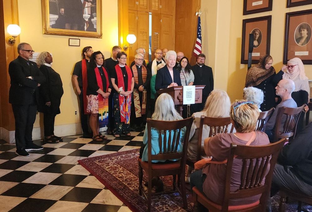 Dominican Sr. of Peace Gemma Doll and other clergy at press conference Dominican Sr. of Peace Gemma Doll and other clergy at press conference