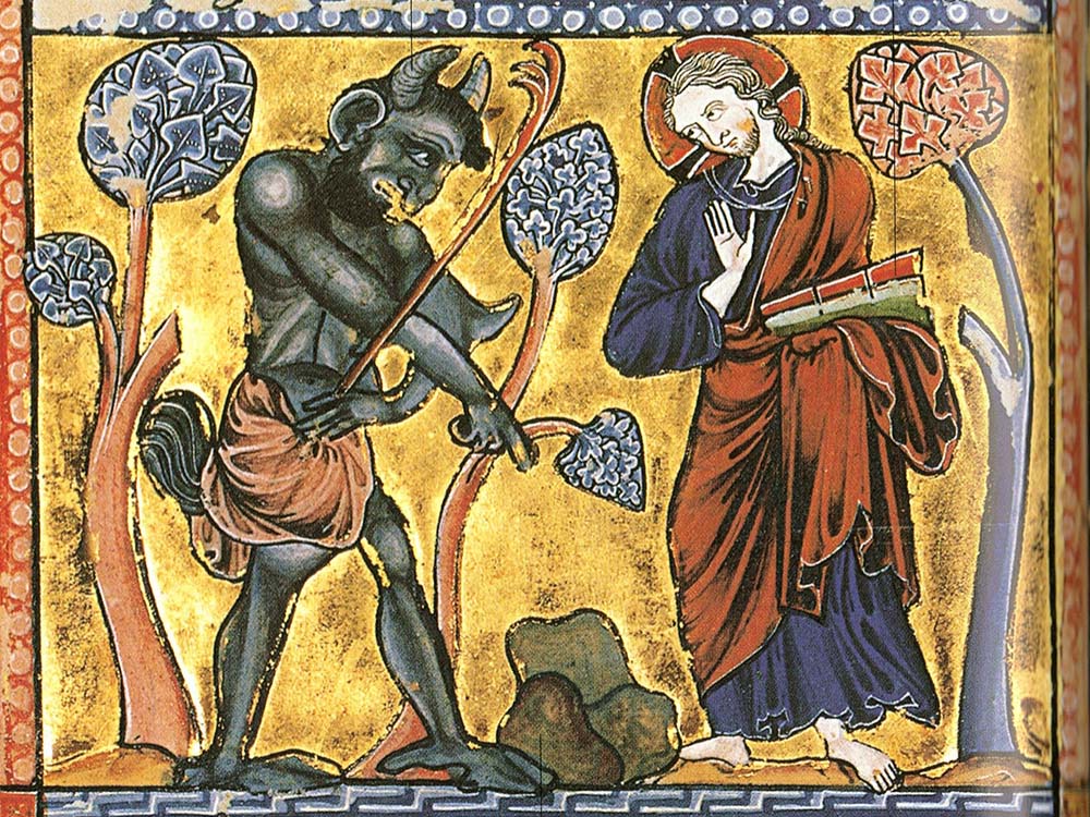 The first temptation of Christ, depicted in a psalter from circa 1222 (Wikimedia Commons)