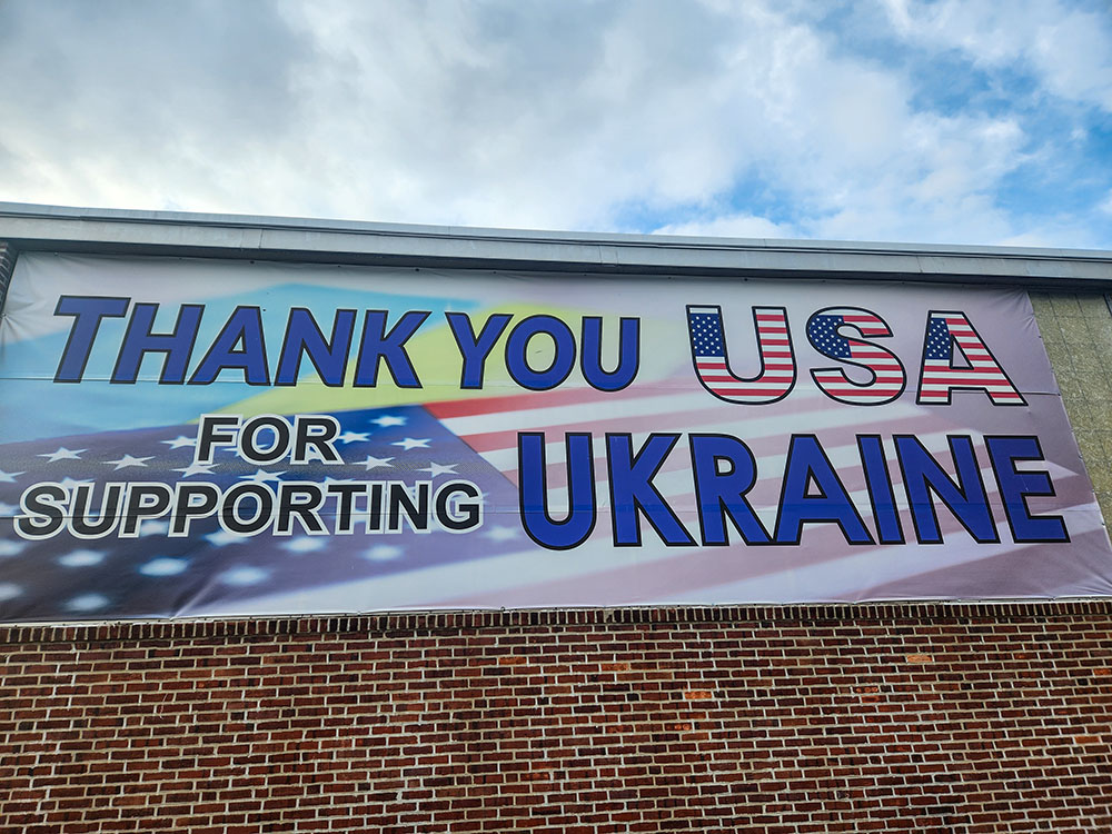 A sign of support for Ukraine at a Ukrainian cultural center in Jenkintown, Pa., a Ukrainian American enclave (GSR photo/Chris Herlinger)