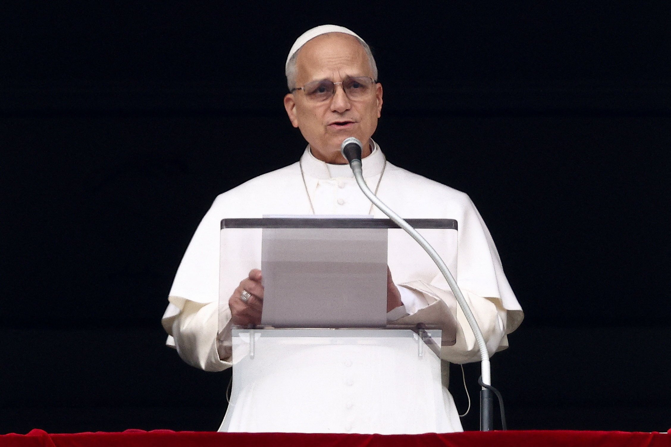 Pope Leo XIV leads the Angelus prayer from the window of the Apostolic Palace at the Vatican, March 1, 2026. (OSV News/Guglielmo Mangiapane, Reuters)