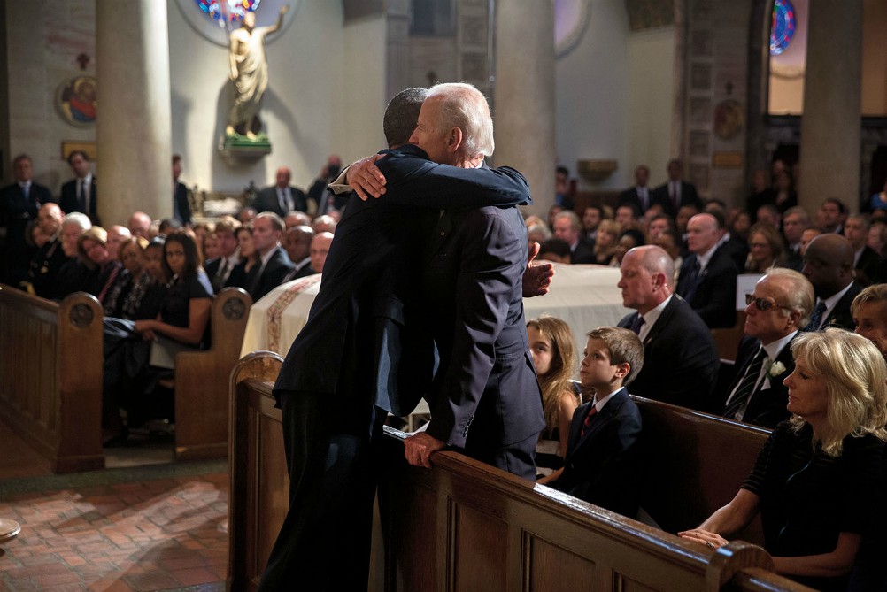 President Barack Obama hugs Vice President Joe Biden after delivering a eulogy during the funeral Mass for Beau Biden at St. Anthony of Padua Catholic Church in Wilmington, Delaware, June 6, 2015. (Flickr/Obama White House/Pete Souza) President Barack Obama hugs Vice President Joe Biden after delivering a eulogy during the funeral Mass for Beau Biden at St. Anthony of Padua Catholic Church in Wilmington, Delaware, June 6, 2015. (Flickr/Obama White House/Pete Souza)