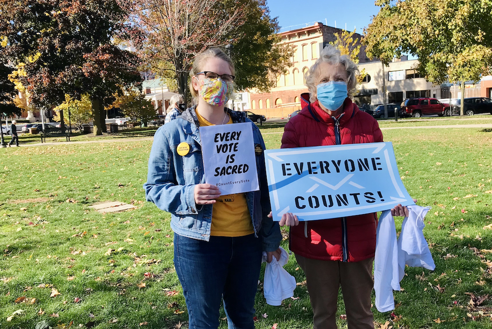 Katie Gordon, left, and Benedictine Sr. Rosanne Lindal-Hynes at a Count Every Vote rally Nov. 4, 2020, in Erie, Pennsylvania. (Provided photo) Katie Gordon, left, and Benedictine Sr. Rosanne Lindal-Hynes at a Count Every Vote rally Nov. 4, 2020, in Erie, Pennsylvania. (Provided photo)