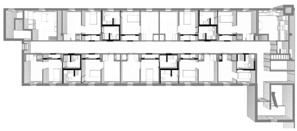 This drawing shows the layout of the fifth floor of the Monastery of St. Gertrude's residential Annex, with an overlay of the new renovations, creating suites for the Benedictine Cohousing Companions. (Provided photo) This drawing shows the layout of the fifth floor of the Monastery of St. Gertrude's residential Annex, with an overlay of the new renovations, creating suites for the Benedictine Cohousing Companions. (Provided photo)