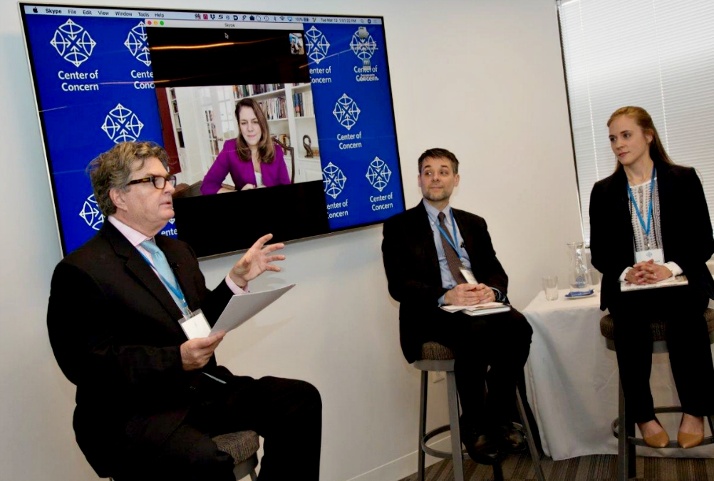 From left: Kevin Locke, Kerry Alys Robinson (onscreen), Massimo Faggioli and Jordan Denari Duffner discuss the pontificate of Pope Francis March 13 at Center of Concern headquarters in Washington, D.C. (Center of Concern/Michael Carpenter Photography) From left: Kevin Locke, Kerry Alys Robinson (onscreen), Massimo Faggioli and Jordan Denari Duffner discuss the pontificate of Pope Francis March 13 at Center of Concern headquarters in Washington, D.C. (Center of Concern/Michael Carpenter Photography)