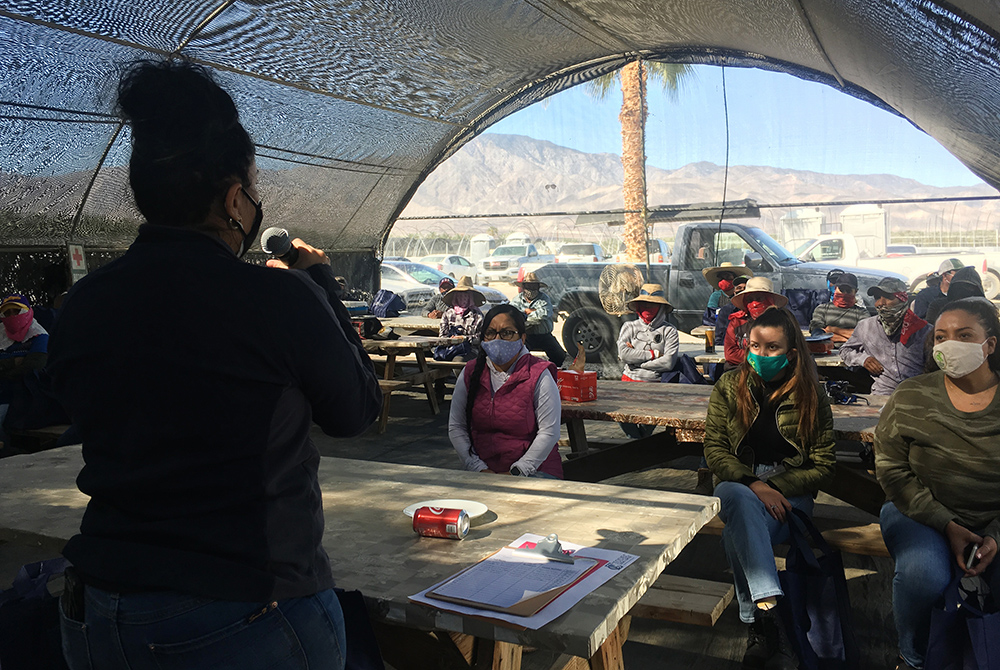 Luz Gallegos, left, executive director of TODEC Legal Center, holds a vaccine information workshop for agricultural workers, March 18, in Thermal, California. Luz Gallegos, left, executive director of TODEC Legal Center, holds a vaccine information workshop for agricultural workers, March 18, in Thermal, California. (RNS photo/Alejandra Molina)