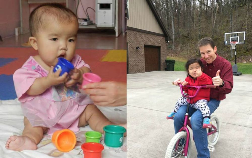 Left: Teagan plays with cups as an infant in China. Right: Teagan at age 5 with her father, Billy Worley. Left: Teagan plays with cups as an infant in China. Right: Teagan at age 5 with her father, Billy Worley.