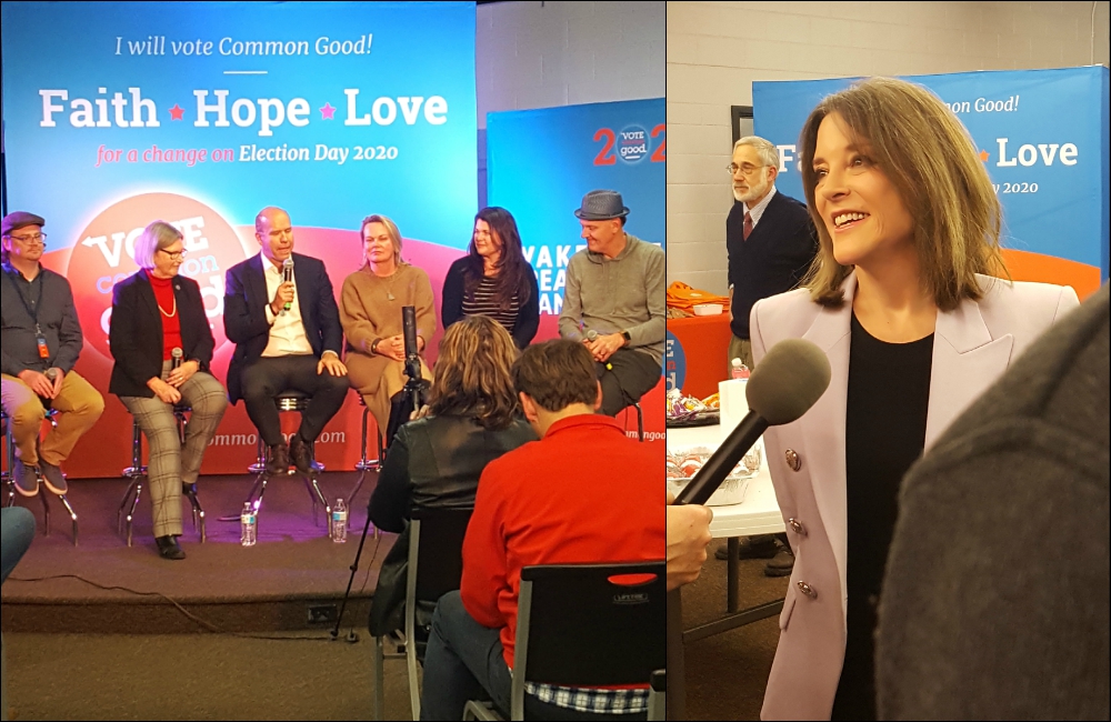 Left: Presidential hopeful John Delaney shares how his Catholic faith inspires his political involvement at the Vote Common Good event. Right: Marianne Williamson talks to fans and press after her appearance Jan. 9. (NCR photos/Heidi Schlumpf) Left: Presidential hopeful John Delaney shares how his Catholic faith inspires his political involvement at the Vote Common Good event. Right: Marianne Williamson talks to fans and press after her appearance Jan. 9. (NCR photos/Heidi Schlumpf)