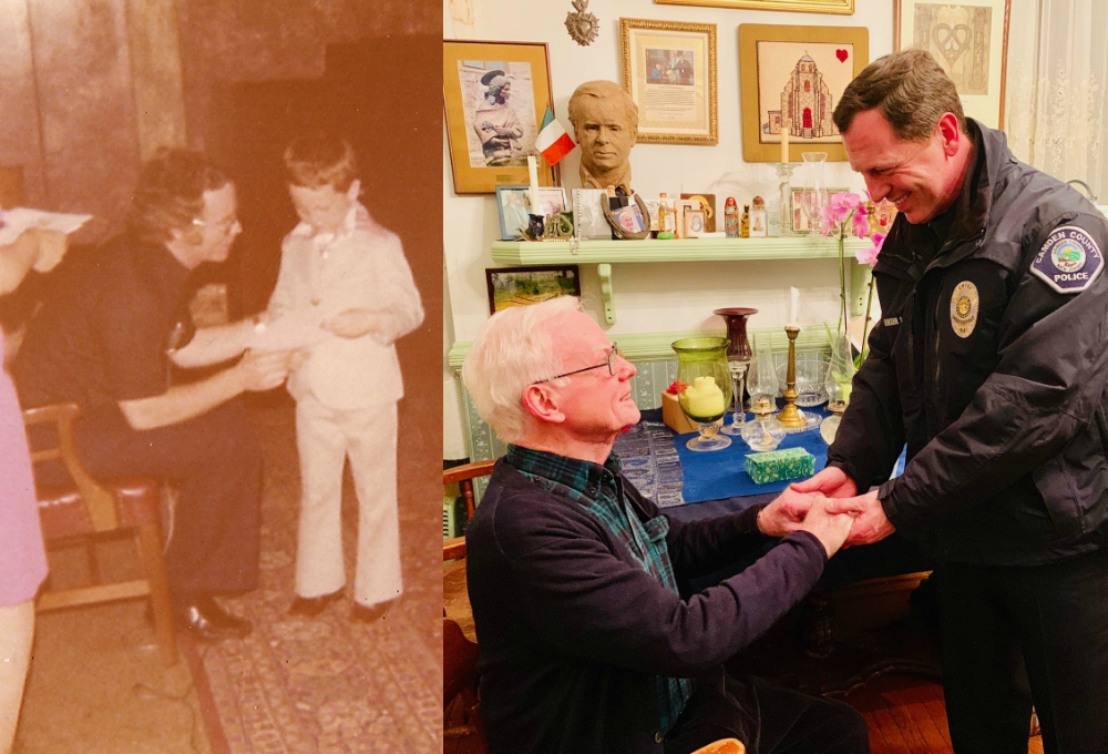 Msgr. Michael Doyle, the longtime pastor of Sacred Heart Church in Camden, and Scott Thomson at (left) Thomson's kindergarten graduation at the parish school, and (right) reenacting the photo 40 years later. (Provided photos) Msgr. Michael Doyle, the longtime pastor of Sacred Heart Church in Camden, and Scott Thomson at (left) Thomson's kindergarten graduation at the parish school, and (right) reenacting the photo 40 years later. (Provided photos)