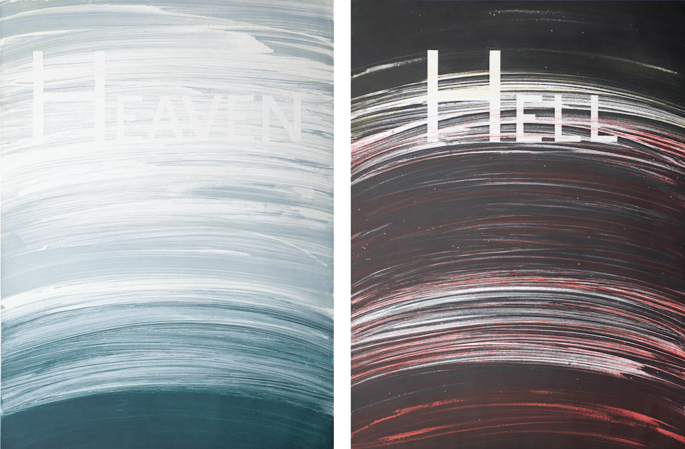 Left: "Heaven" by Ed Ruscha, edition 5/25, soap ground aquatint, 1988, 54” x 40 3/8"; Right: "Hell" by Ed Ruscha, edition 5/25, soap ground aquatint, 1988, 54" x 40 7/16" (Courtesy of Ed Ruscha Studio) Left: "Heaven" by Ed Ruscha, edition 5/25, soap ground aquatint, 1988, 54” x 40 3/8"; Right: "Hell" by Ed Ruscha, edition 5/25, soap ground aquatint, 1988, 54" x 40 7/16" (Courtesy of Ed Ruscha Studio)