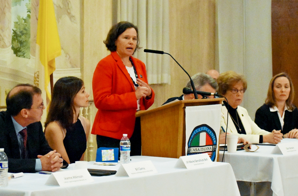 Jeanne Atkinson speaks at a press conference held with other Catholic agency heads in January 2017 after the Trump administration announced a travel ban on certain Muslim-majority countries. (Provided photo) Jeanne Atkinson speaks at a press conference held with other Catholic agency heads in January 2017 after the Trump administration announced a travel ban on certain Muslim-majority countries. (Provided photo)