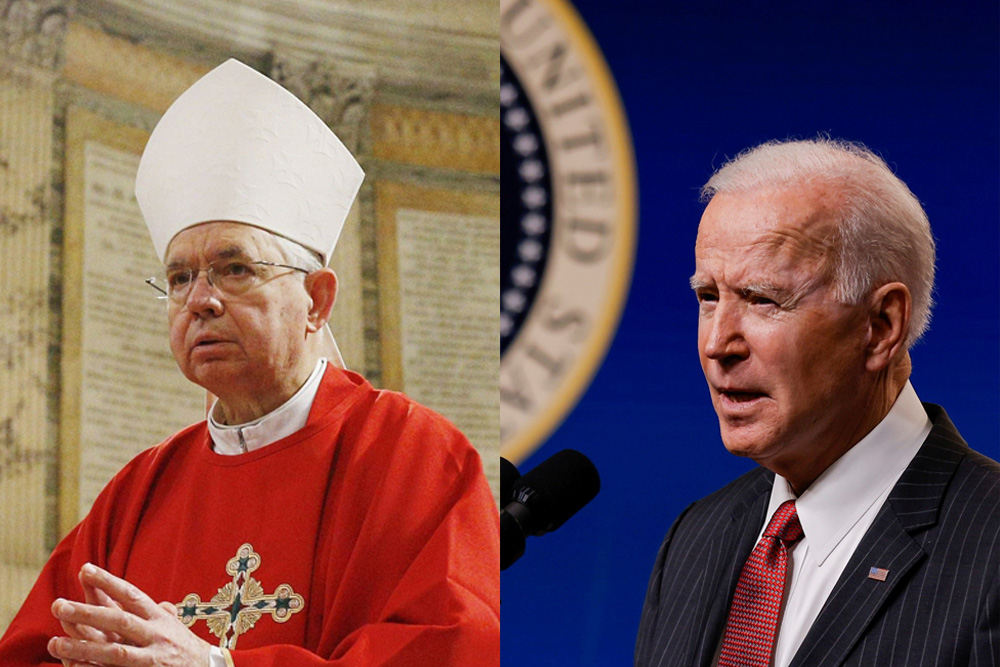 Los Angeles Archbishop José Gomez, president of the U.S. Conference of Catholic Bishops, in Rome in January 2020 (CNS/Paul Haring); U.S. President Joe Biden at the White House in Washington Feb. 10, 2021 (CNS/Reuters/Carlos Barria) Los Angeles Archbishop José Gomez, president of the U.S. Conference of Catholic Bishops, in Rome in January 2020 (CNS/Paul Haring); U.S. President Joe Biden at the White House in Washington Feb. 10, 2021 (CNS/Reuters/Carlos Barria)