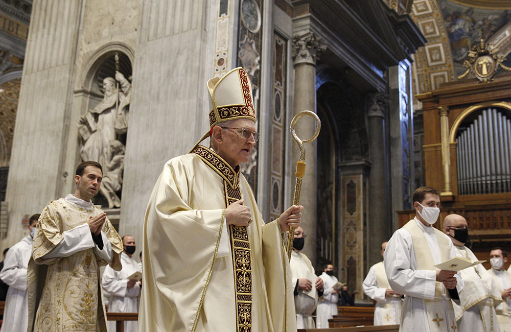 U.S. Cardinal James Harvey, archpriest of the Basilica of St. Paul Outside the Walls, arrives to preside over the ordination of eight deacons from Rome's Pontifical North American College, in St. Peter's Basilica at the Vatican Oct. 1. (CNS/Paul Haring) U.S. Cardinal James Harvey, archpriest of the Basilica of St. Paul Outside the Walls, arrives to preside over the ordination of eight deacons from Rome's Pontifical North American College, in St. Peter's Basilica at the Vatican Oct. 1. (CNS/Paul Haring)