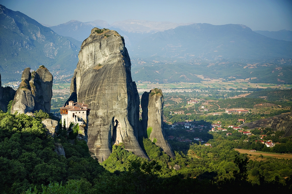 St. Barbara of Roussanou Monastery perches at the edge of a towering hilltop in Meteora, Greece. (Wikimedia Commons/Dennis D. Auger) St. Barbara of Roussanou Monastery perches at the edge of a towering hilltop in Meteora, Greece. (Wikimedia Commons/Dennis D. Auger)