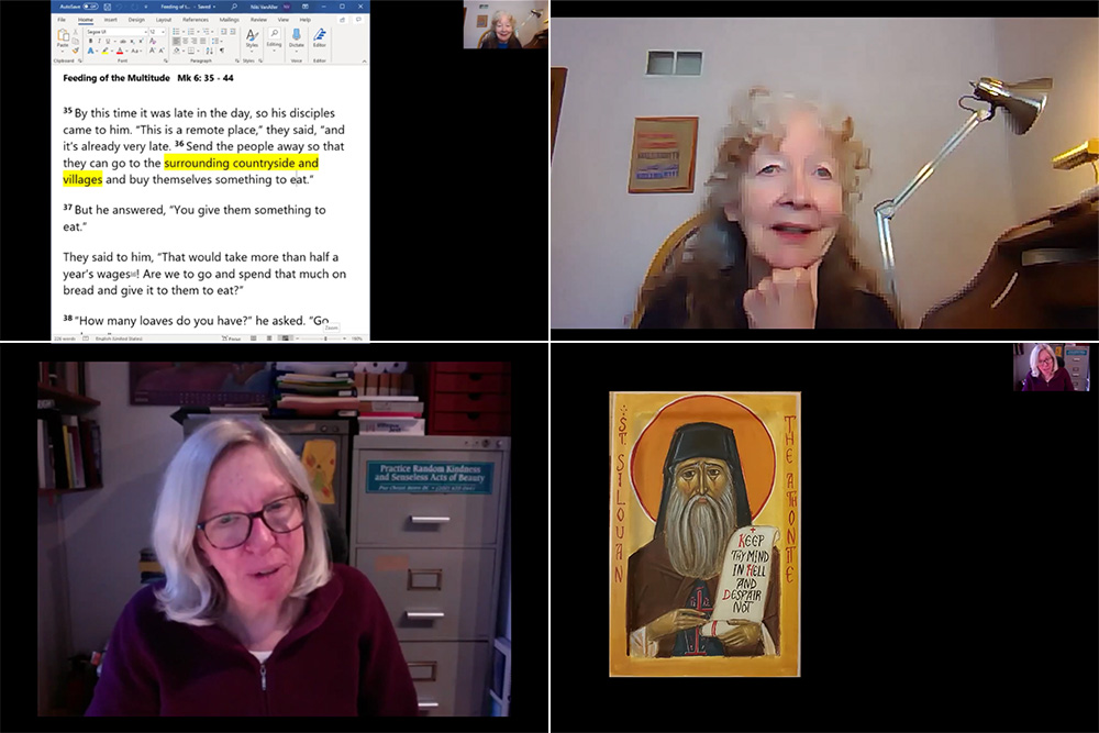 Speakers for the 2021 "Sacred Heart Gathering for Peace and Justice," held on Zoom Feb. 20, included author Kathy Kelly (top row), and Nancy Forest-Flier (bottom row), who read the speech her husband, Jim Forest, had prepared. (NCR screenshots) Speakers for the 2021 "Sacred Heart Gathering for Peace and Justice," held on Zoom Feb. 20, included author Kathy Kelly (top row), and Nancy Forest-Flier (bottom row), who read the speech her husband, Jim Forest, had prepared. (NCR screenshots)