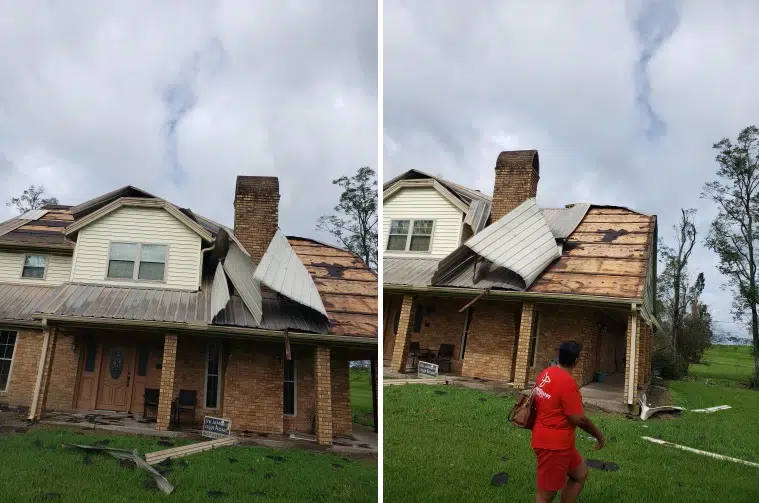 Sharon Lavigne inspects her storm-damaged home in St. James Parish, Louisiana, on Monday, Aug. 30, 2021. (DeSmog/Photos courtesy of RISE St. James) Sharon Lavigne inspects her storm-damaged home in St. James Parish, Louisiana, on Monday, Aug. 30, 2021. (DeSmog/Photos courtesy of RISE St. James)