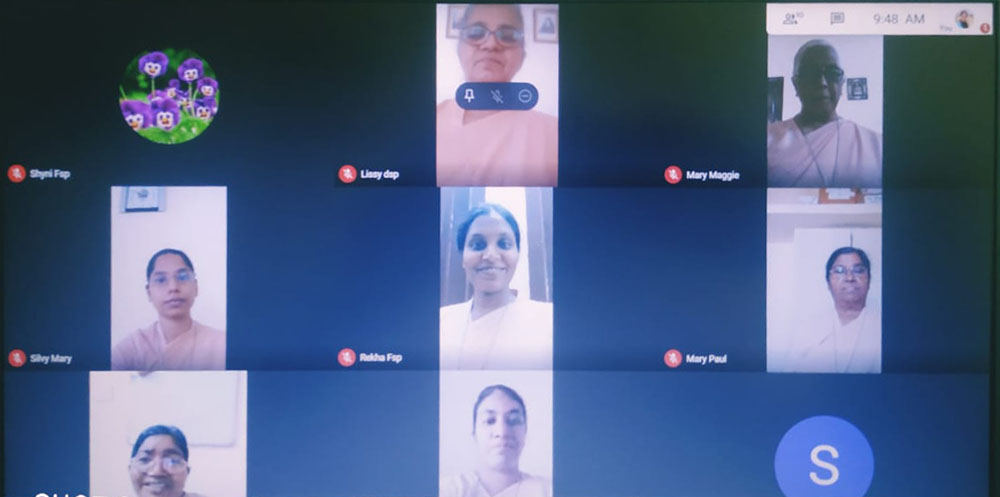 Sr. Lissy Maruthanakuzhy (top row, center) shares a reflection on Jesus Master Truth for the Pauline Family in India, on the second day of the Triduum in preparation for the feast of Jesus Divine Master on October 24, 2020. (Provided photo) Sr. Lissy Maruthanakuzhy (top row, center) shares a reflection on Jesus Master Truth for the Pauline Family in India, on the second day of the Triduum in preparation for the feast of Jesus Divine Master on October 24, 2020. (Provided photo)