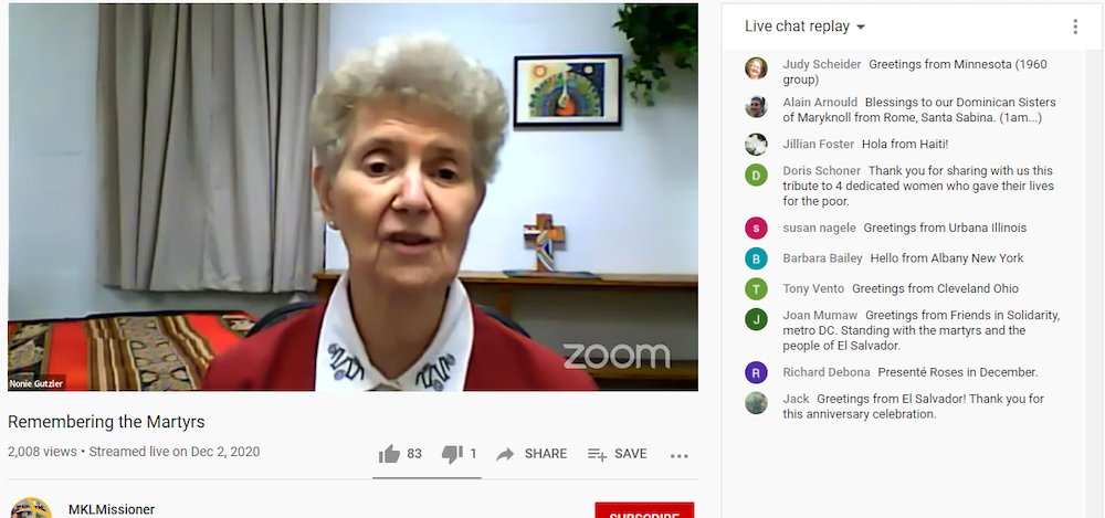 Sr. Nonie Gutzler, the president of the Maryknoll Sisters, speaks at the Maryknoll Sisters' Dec. 2 online event memorializing four American churchwomen killed in 1980 in El Salvador. (GSR screenshot) Sr. Nonie Gutzler, the president of the Maryknoll Sisters, speaks at the Maryknoll Sisters' Dec. 2 online event memorializing four American churchwomen killed in 1980 in El Salvador. (GSR screenshot)