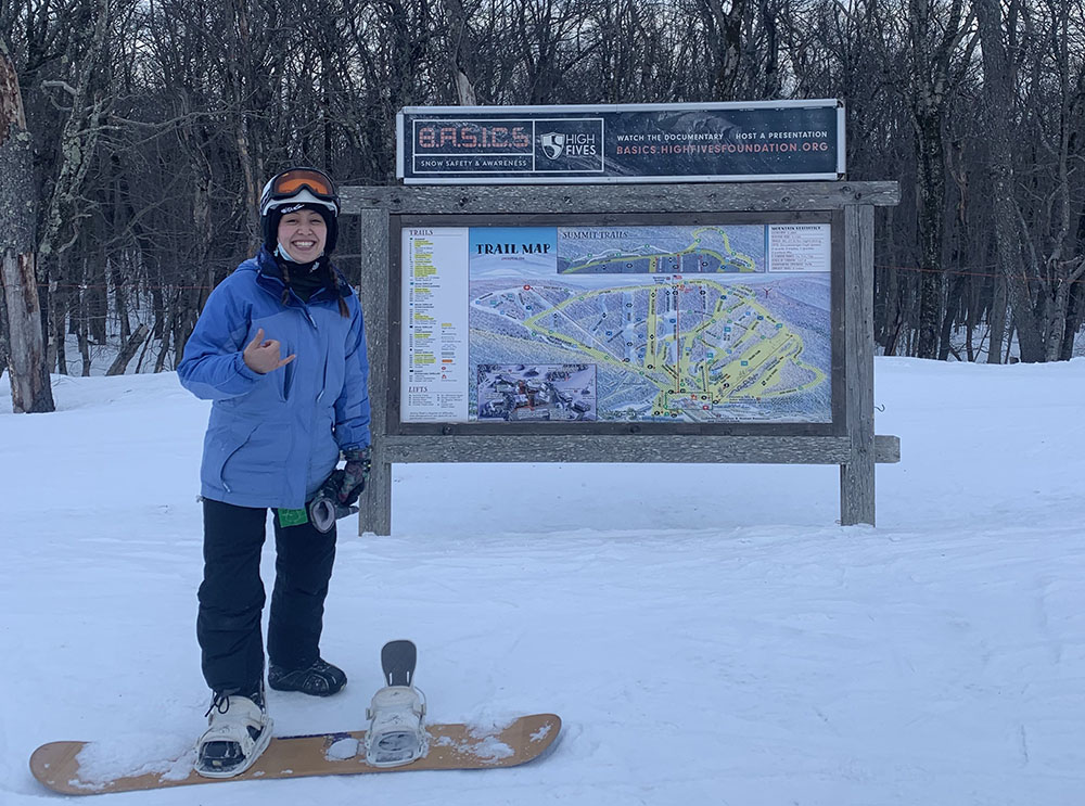 This is me on top of the mountain, about to snowboard on an intermediate slope. I didn't do any black diamonds, but I feel confident that I can try to do one next time. (Provided photo) This is me on top of the mountain, about to snowboard on an intermediate slope. I didn't do any black diamonds, but I feel confident that I can try to do one next time. (Provided photo)
