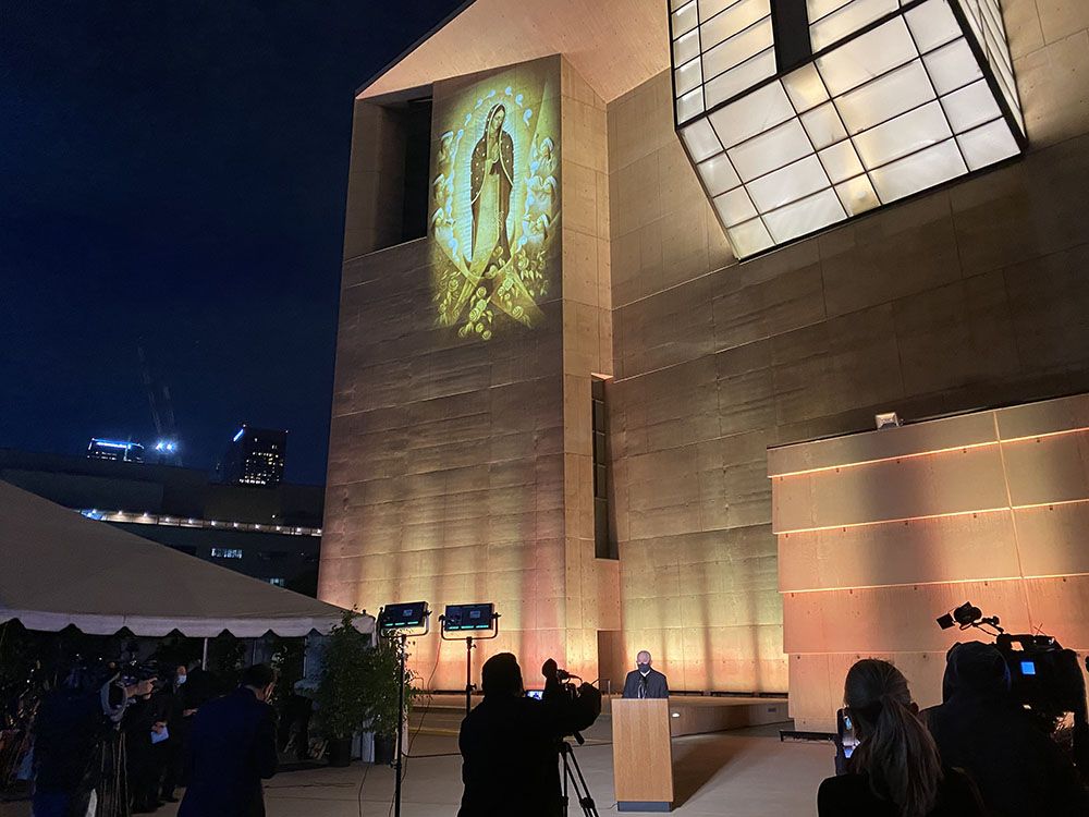 Archbishop José Gomez of Los Angeles offers a prayer at the Cathedral of Our Lady of the Angels in downtown LA during a press event Dec. 9, the feast day of St. Juan Diego, to whom the Virgin of Guadalupe first appeared in 1531. (NCR photo/Lucy Grindon) Archbishop José Gomez of Los Angeles offers a prayer at the Cathedral of Our Lady of the Angels in downtown LA during a press event Dec. 9, the feast day of St. Juan Diego, to whom the Virgin of Guadalupe first appeared in 1531. (NCR photo/Lucy Grindon)