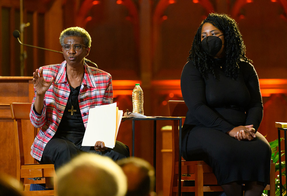 Sr. Patricia Chappell, left, of the Sisters of Notre Dame de Namur and history professor Shannen Dee Williams, author of a book on Black sisters, participate in discussion May 3 at Georgetown University. (Courtesy of Georgetown University/Rafael Suanes) Sr. Patricia Chappell, left, of the Sisters of Notre Dame de Namur and history professor Shannen Dee Williams, author of a book on Black sisters, participate in discussion May 3 at Georgetown University. (Courtesy of Georgetown University/Rafael Suanes)
