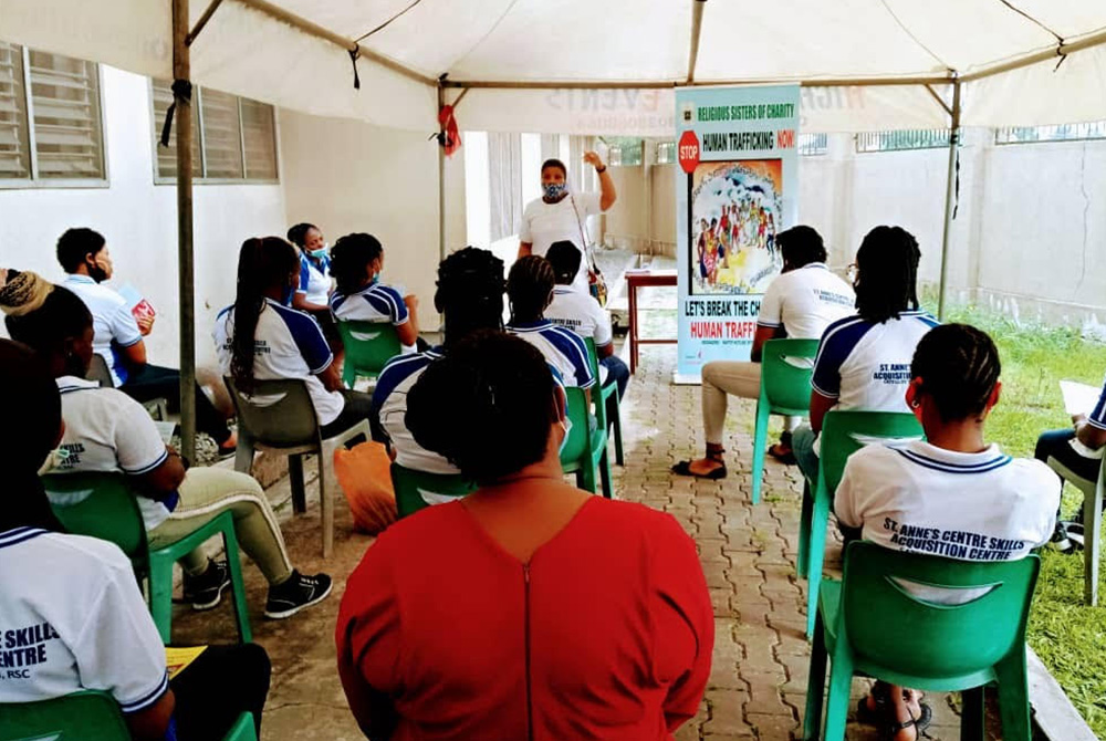 Sr. Gloria Ozuluoke of the Religious Sisters of Charity teaches participants on the dangers of human trafficking and how to end it, at a training workshop at St. Anne's Centre for Women and Youth Development Feb. 8 in Lagos, Nigeria. Despite challenges, O Sr. Gloria Ozuluoke of the Religious Sisters of Charity teaches participants on the dangers of human trafficking and how to end it, at a training workshop at St. Anne's Centre for Women and Youth Development Feb. 8 in Lagos, Nigeria. Despite challenges, O