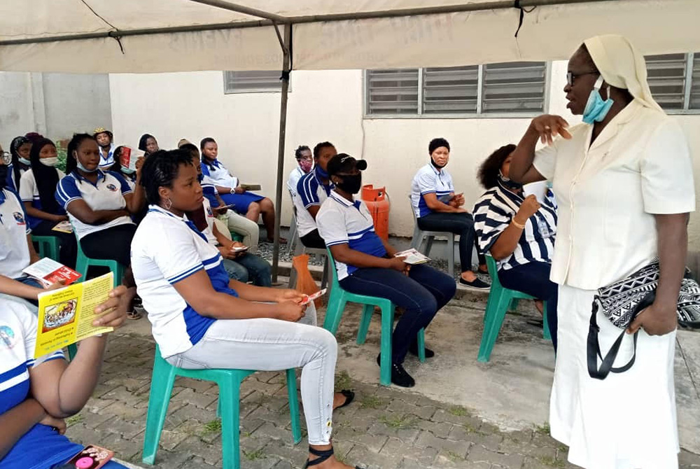 Sr. Justina Nelson of the Religious Sisters of Charity speaks during an anti-trafficking workshop at St. Anne's Centre for Women and Youth Development, Feb. 8 in Lagos. Nelson helps in coordinating activities of the Link Sisters, which are aimed at raisin Sr. Justina Nelson of the Religious Sisters of Charity speaks during an anti-trafficking workshop at St. Anne's Centre for Women and Youth Development, Feb. 8 in Lagos. Nelson helps in coordinating activities of the Link Sisters, which are aimed at raisin