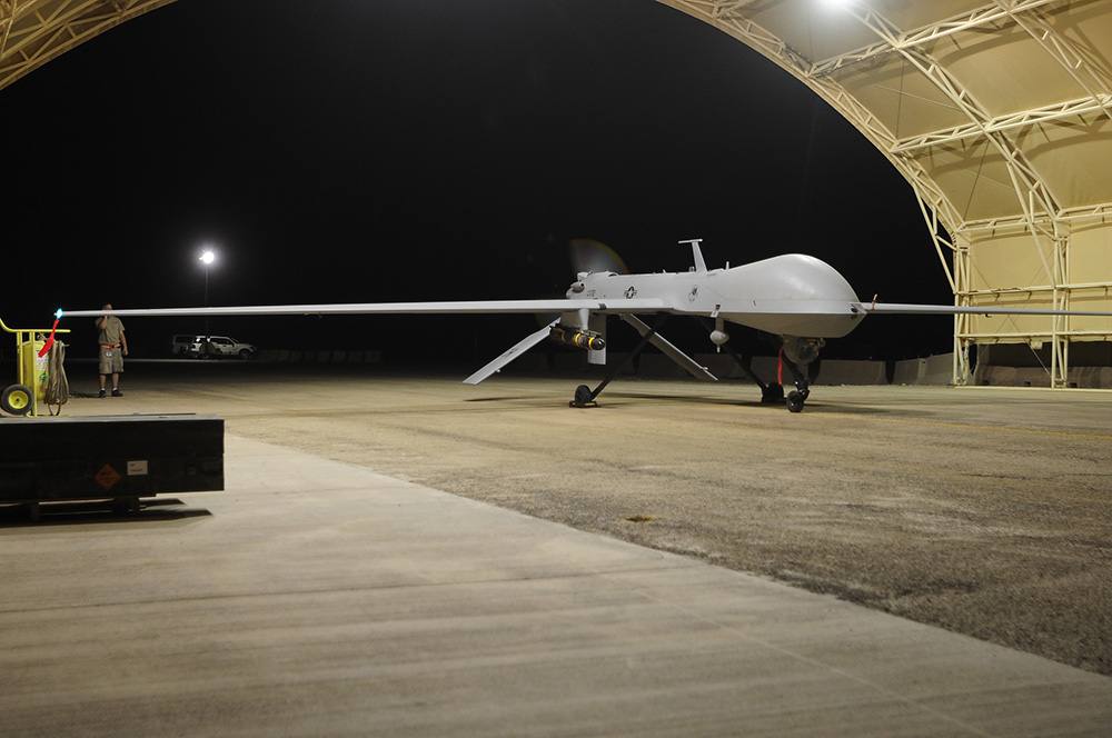 An MQ-1 Predator drone prepares to launch for a night flight mission over southeastern Iraq in July 2009. (Wikimedia Commons/U.S. Air Force/Airman 1st Class Tony Ritter) An MQ-1 Predator drone prepares to launch for a night flight mission over southeastern Iraq in July 2009. (Wikimedia Commons/U.S. Air Force/Airman 1st Class Tony Ritter)