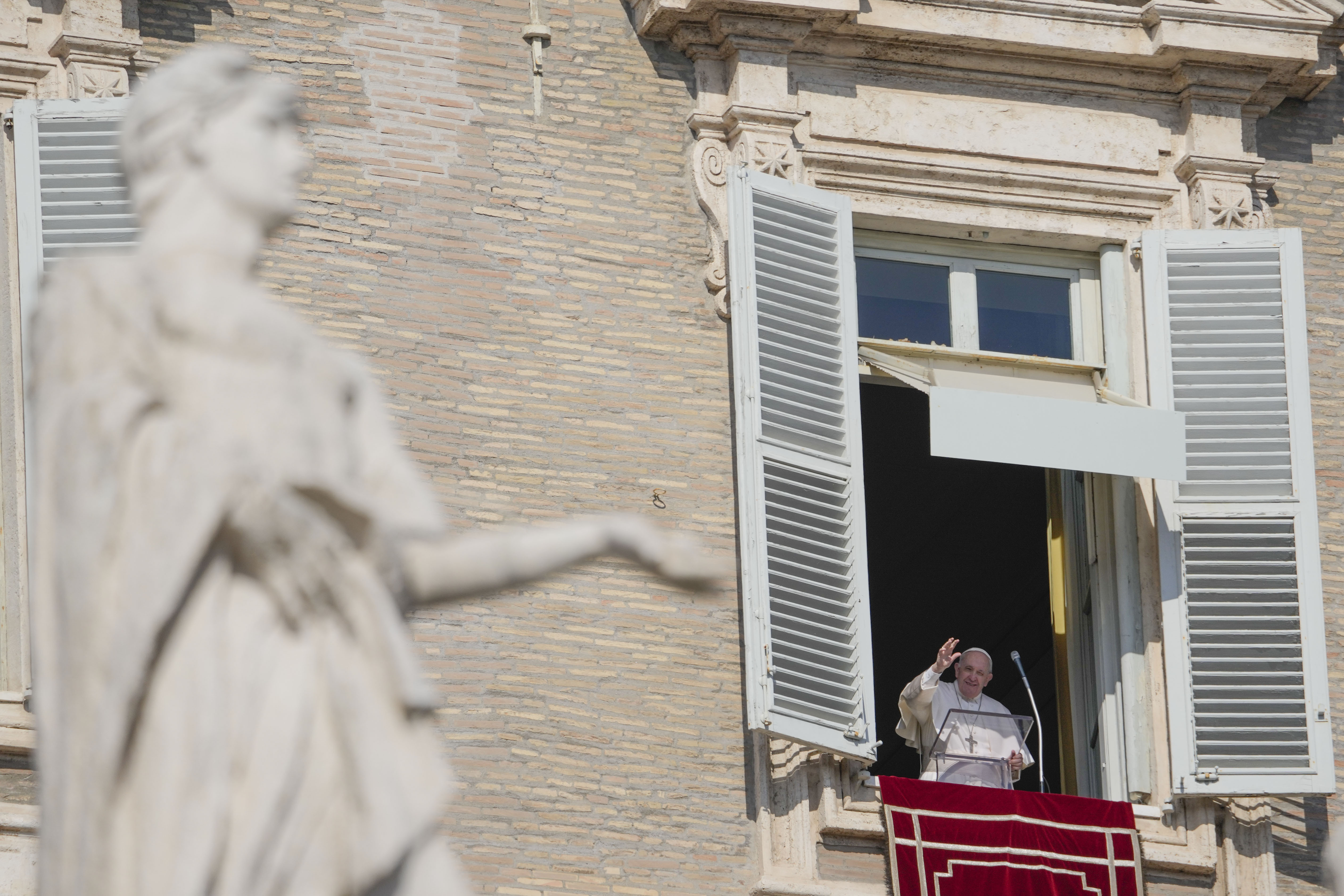 Pope Francis delivers the Angelus noon prayer from his studio window overlooking St. Peter's Square at the Vatican, Sunday, Feb. 6, 2022. (AP Photo/Gregorio Borgia) Pope Francis delivers the Angelus noon prayer from his studio window overlooking St. Peter's Square at the Vatican, Sunday, Feb. 6, 2022. (AP Photo/Gregorio Borgia)