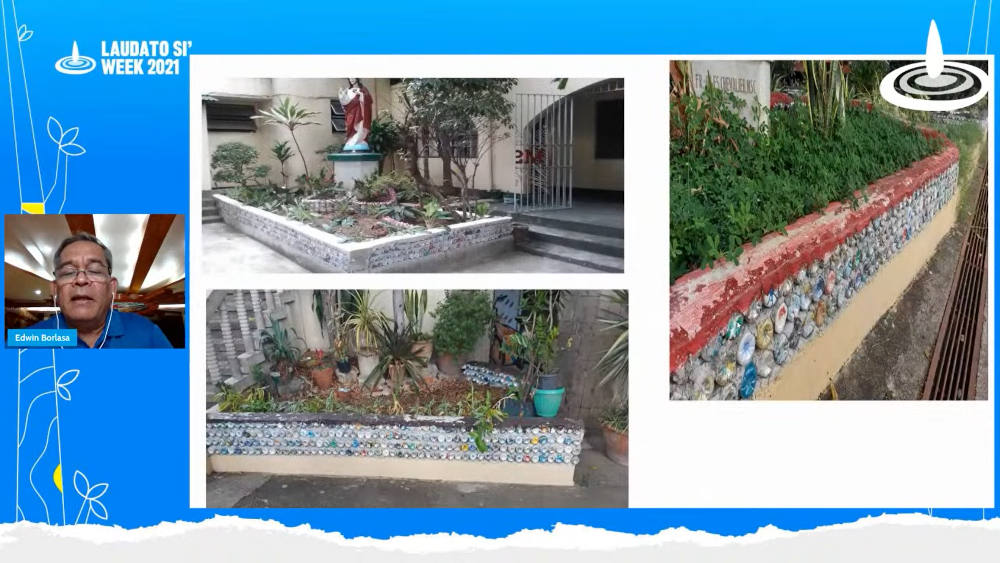 Fr. Edwin Borlasa of the Missionaries of the Sacred Heart speaks during the May 20 webinar, showing how disguarded plastics are turned into "eco-bricks" for the missionaries' seminary in the Philippines. (NCR screenshot) Fr. Edwin Borlasa of the Missionaries of the Sacred Heart speaks during the May 20 webinar, showing how disguarded plastics are turned into "eco-bricks" for the missionaries' seminary in the Philippines. (NCR screenshot)